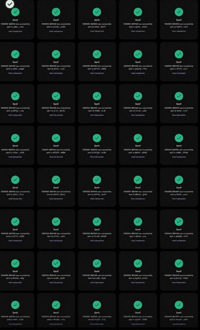 A grid of confirmation receipts with green checkmarks and text reading "0000000 SUI/ETH was successfully sent to [wallet address]" verifying cryptocurrency transactions. The image acts as visual "proof" to support the scam post's claim of sending $77 to the first 500 wallets, though the transactions shown are for other tokens like SUI, ETH, and First.