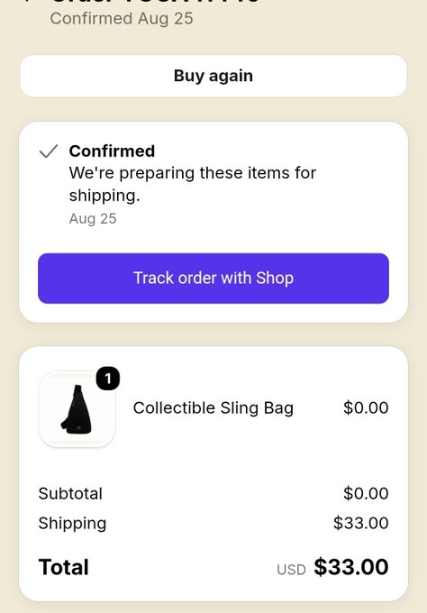 A mobile Shop app order confirmation showing a free Collectible Sling Bag with $33.00 shipping, totaling $33.00, marked as Confirmed and being prepared for shipping on Aug 25.