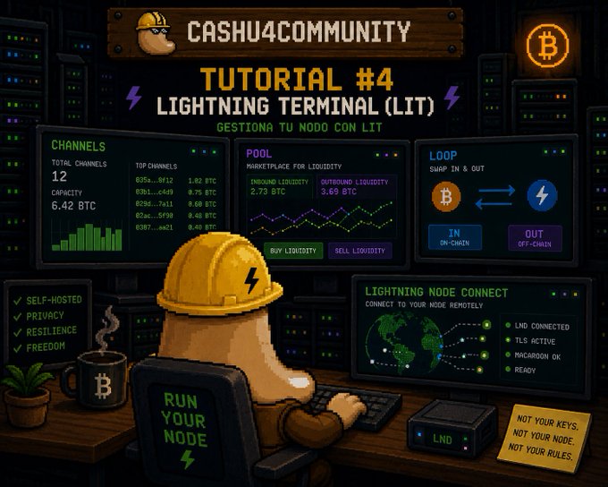 The image features a cartoon character wearing a hard hat sitting at a desk with a computer, surrounded by monitors displaying various data related to Bitcoin trading. The text above the image reads "Running a Lightning node is more than opening channels. Managing liquidity, monitoring performance, and connecting remotely are all part of operating sovereign infrastructure." This suggests that the cartoon character might be learning about Bitcoin trading or managing their own Bitcoin trading portfolio using the Lightning node.