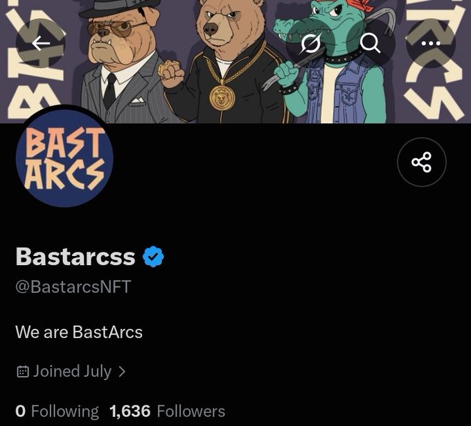 A Twitter profile for 'Bastarcss (@BastarcsNFT)' with the bio 'We are BastArcs', featuring cartoon bulldog and crocodile characters, joined July with 1,636 Followers.