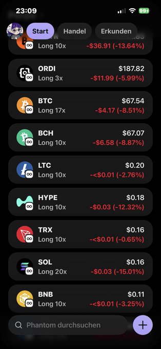 The image shows an iPhone screen displaying various cryptocurrency symbols, including Bitcoin, Btc, and others. The screen also has a message that says "Start", which could be related to a new trading account or a new investment opportunity. The text on the screen is in German, indicating that it might be about cryptocurrency trading in Germany.