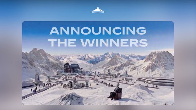 A snowy mountain vista featuring a domed glass structure and a lone figure with a saxophone displays the text "ANNOUNCING THE WINNERS" in bold white letters against a blue gradient, celebrating the 26 Frontier hackathon winners led by Grand Champion @crowdbrainai.