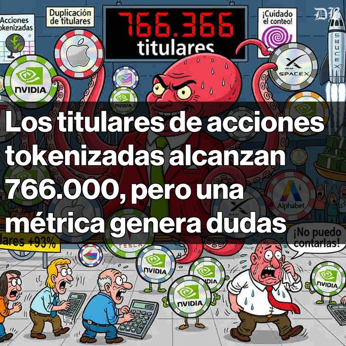 A cartoon illustration shows a sweating octopus in a suit surrounded by stock-themed life preservers and coins labeled NVIDIA, along with logos for Apple, SpaceX, Alphabet, and Tesla, while a digital counter displays "766.366 titulares" and panicked figures rush around with calculators worrying about tokenized stock holders. The headline reads "Los titulares de acciones tokenizadas alcanzan 766.000, pero una métrica genera dudas," matching the post's announcement of a record high of nearly 766,000 tokenized stock holders led by NVIDIA and Robinhood Chain, despite concerns over a 31.53% drop in transfer volume.