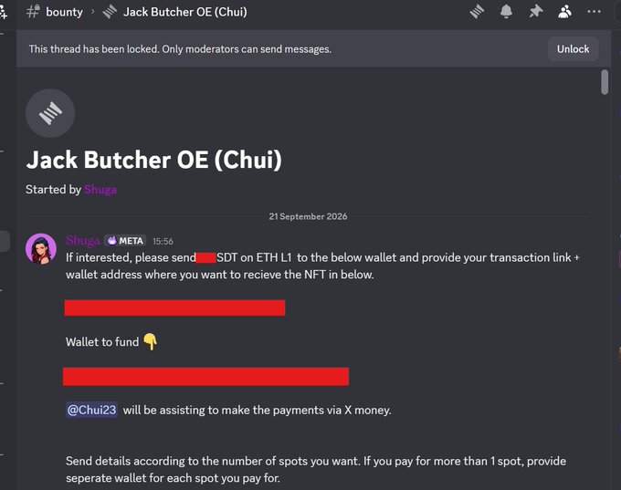 A Discord screenshot shows a locked thread in the #bounty channel titled "Jack Butcher OE (Chui)," started by Shuga on 21 September 2026, with instructions to send $DT to a wallet and provide transaction details for Jack Butcher OE NFT spots, where @Chui23 will assist with payments via X money. The image relates to the post by showing the bounty thread used to facilitate purchasing the 72 Metafrens Familia spots secured by @Stew_SoFresh and @devilmandontcry.