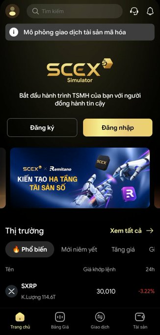 A screenshot of the SCCEX Simulator app interface in Vietnamese, showing login/register buttons and XRP market data at a price of 30,010 with a -3.22% change.