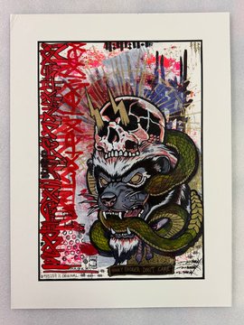 An artwork print featuring a stylized black panther with a skull on its head, wrapped in a green snake, with red Japanese/Asian-style text and graphics on the left side.