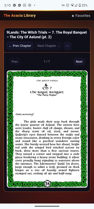 A mobile screenshot of 'The Acacia Library' shows an e-book reading interface. The book is 'The Witch Trials', chapter 7, titled 'The Royal Banquet - The Party Begins'.