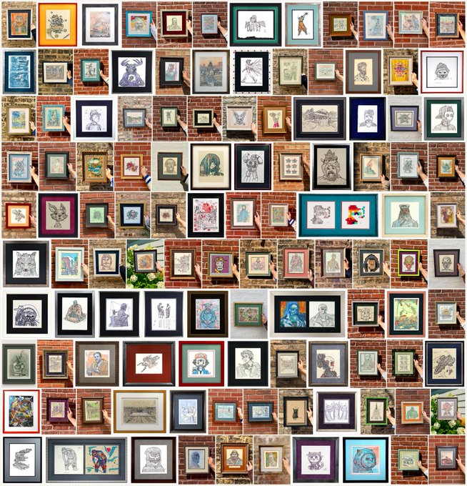 A large grid collage showing dozens of small, framed artworks, primarily portraits and character drawings, displayed against brick walls.