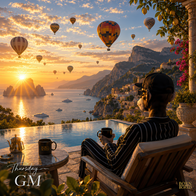A scenic illustration shows a man in striped pajamas sitting by a pool at sunset, watching hot air balloons over a coastal landscape, with text reading 'Thursday GM' and 'BORN BORED' branding.