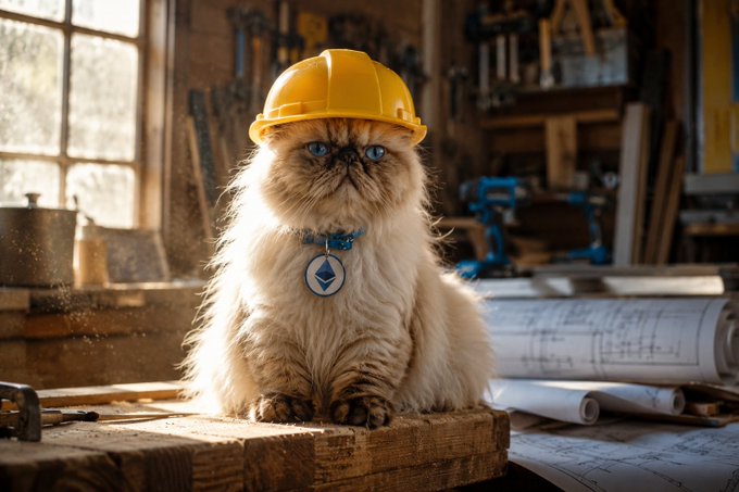 A fluffy Himalayan cat wearing a yellow construction hard hat and an Ethereum (ETH) medallion sits on a wooden workbench in a workshop, surrounded by blueprints and tools. The image ties to the "honest work" post by humorously framing the crypto-themed cat as a dedicated builder on the Base blockchain.