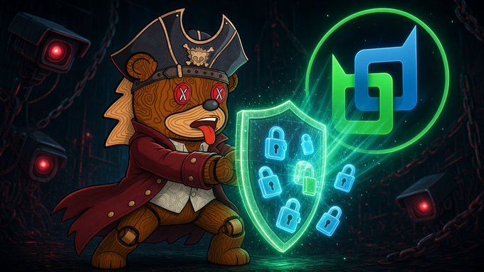 An illustration of a pirate-themed teddy bear with an eyepatch and red 'X' eyes, holding a glowing shield of padlocks in front of a green and blue shield logo, surrounded by surveillance cameras.