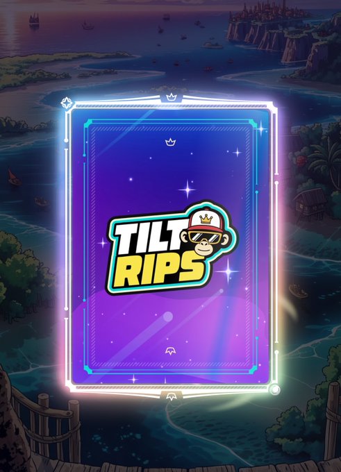A digital collectible card design titled 'TILT RIPS' featuring a monkey character with a crown and sunglasses, displayed in a glowing neon frame against a fantasy landscape background.