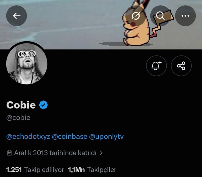 A Twitter profile page for "Cobie" (@cobie) shows a Pikachu wearing sunglasses in the banner background, with 1.1M followers, while the post references the creator's hope that Cobie will officially accept the $COBIEPIKAC ticker request, featuring Pikachu, highlighted in the banner image.