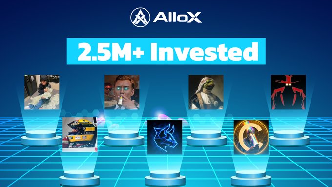 An AlloX promotional banner showing '2.5M+ Invested' with an astronaut logo, featuring display pedestals showcasing various character images including figures with weapons, a blue wolf emblem, and fantasy characters on a neon grid background.