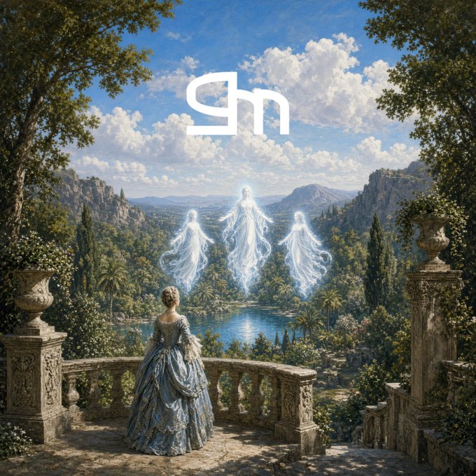 An artistic illustration of a woman in a blue period dress looking out over a lush landscape where three glowing ethereal figures hover above a lake, with a stylized 'sm' logo in the sky.
