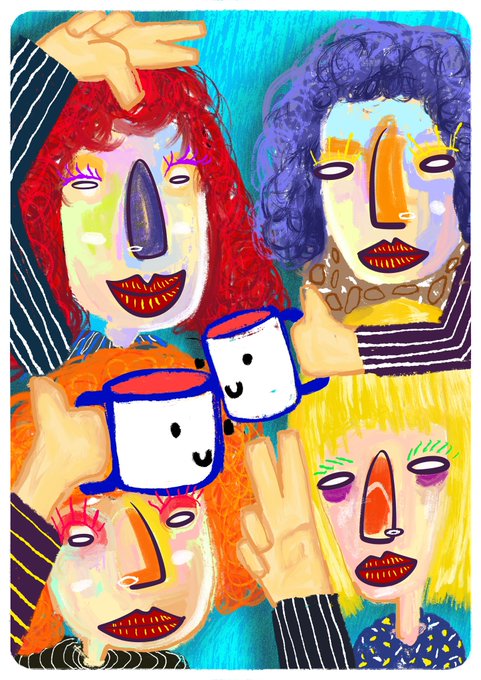 A colorful, childlike digital illustration featuring four expressive faces with vivid hair colors (red, purple, orange, yellow) and two small smiling cups, with hands reaching toward the viewer.
