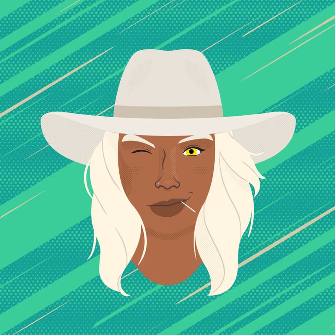 Stylized digital illustration of a dark-skinned person with long blonde hair, winking while wearing a large white wide-brimmed hat and holding a toothpick.