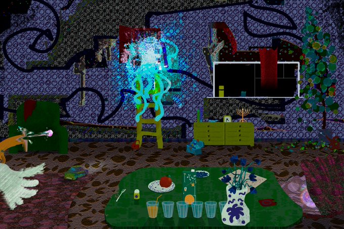 A detailed digital artwork depicts a patterned wallpapered room with a green table holding fruit, glasses, and a vase of flowers, a glowing blue jellyfish-like creature floating on a ladder, and various decorative objects scattered throughout the space.