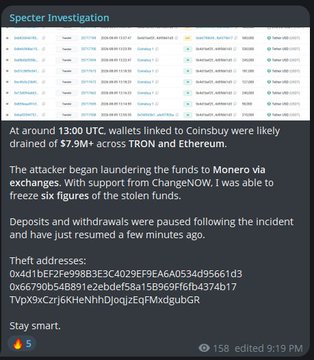 A crypto investigation alert titled 'Specter Investigation' reports wallets linked to Coinsbuy were drained of $7.9M+ via the TRON and Ethereum networks, listing theft addresses.