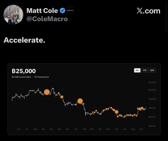 A tweet from Matt Cole (@ColeMacro), CEO of Strive, displays a Bitcoin price chart tracking a $2,018 investment across 32 transactions (current value: $25,000) over the past year, illustrating the asset's price trajectory to accompany his hint about Strive potentially adding more Bitcoin to its holdings.