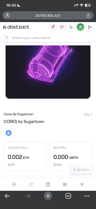 A mobile screenshot from portal.abs.xyz on the Abstract network showing an NFT listing for 'Cores by Sugartown' with a Collection Floor of 0.002 ETH ($3.15) and Best Offer of 0.000 WETH.