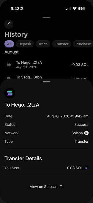 A mobile screenshot of a crypto wallet history showing a successful 0.03 SOL transfer to address "Hego...2tzA" on the Solana network on August 18, 2026, with a "View on Solscan" link at the bottom—visually confirming a recent SOL airdrop transaction.