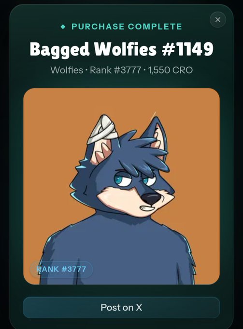 A mobile app screenshot showing a 'Purchase Complete' screen for a 'Bagged Wolfies #1149' NFT ranked #3777 for 1,550 CRO, featuring an illustration of a blue wolf character.
