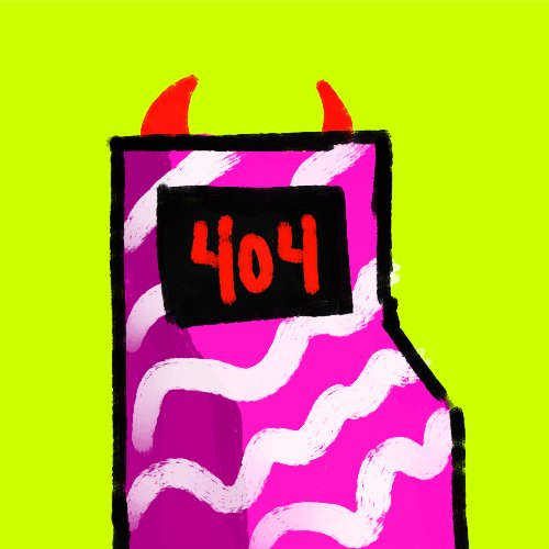 A cartoon illustration of a pink monster-like device with red horns and a screen displaying "404" against a bright green background, symbolizing a non-functional or glitching state. The image visually represents the "404" error mentioned in the post about a BTC machine not working properly on Robinhood.