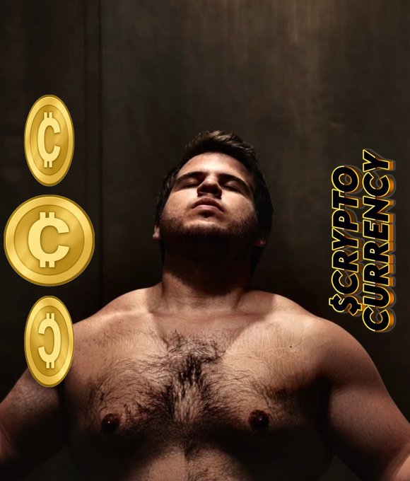 A shirtless man stands with eyes closed against a dark background, flanked by three gold coins marked with the letter 'C' and the text 'CRYPTOCURRENCY' displayed in gold on the right.
