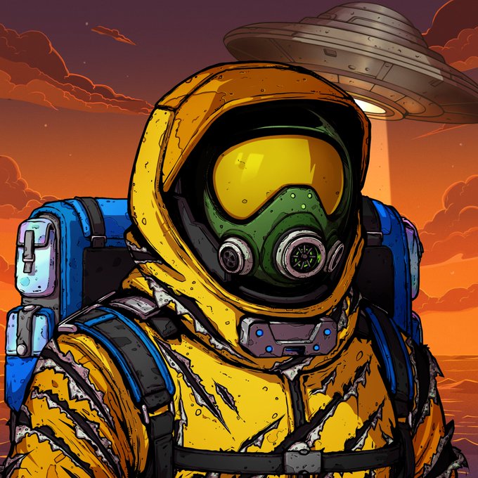 A comic-style illustration depicts a figure in a torn yellow hazmat suit with a green gas mask, standing against an orange sky with a UFO beaming light in the background.