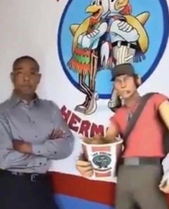 Two men standing in front of a Hermès logo with a cartoon rooster mascot, one holding a bucket of chicken.