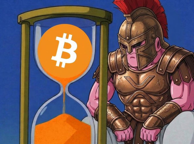 A pink-skinned Roman soldier in bronze armor and a red-plumed helmet sits pensively beside a large hourglass containing a Bitcoin (₿) symbol at the top, as orange sand steadily drains into the bottom chamber. The image visually reinforces the caption "Waiting for the inevitable," suggesting that the countdown (or "halving") of Bitcoin's limited supply is drawing near.