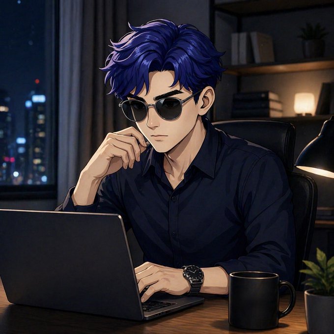 An anime-style illustration of a young man with blue hair and sunglasses working on a laptop at night in a dimly lit room with a city skyline view.