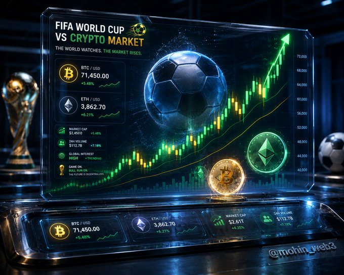 A futuristic digital dashboard titled "FIFA WORLD CUP VS CRYPTO MARKET" displays BTC/USD at $71,450.00 (+5.48%) and ETH/USD at $3,862.70 (+6.21%), alongside an upward-trending green candlestick chart, a glowing soccer ball, and Bitcoin and Ethereum coins—all visually reinforcing the post's observation that crypto prices surged bullishly following the conclusion of the FIFA World Cup.