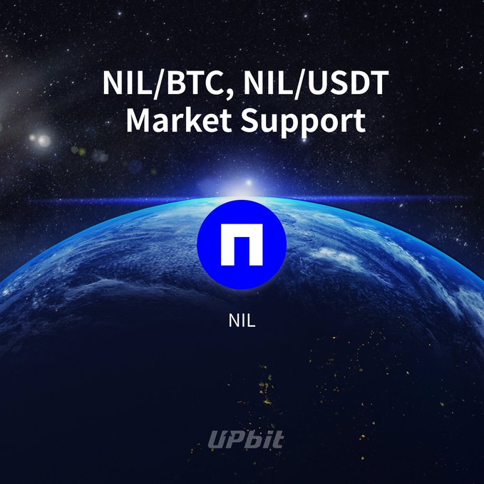 A promotional graphic featuring Earth from space with text 'NIL/BTC, NIL/USDT Market Support' above a blue circular logo and the UPbit exchange logo.