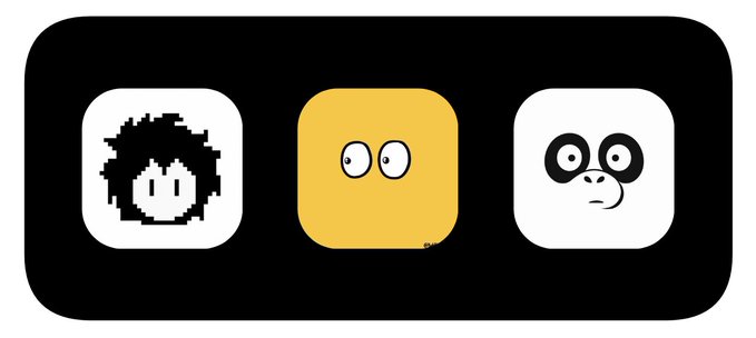 Three app icons displayed on a black background: a pixelated character face in white, a yellow icon with mismatched eyes, and a panda face with a small mouth.