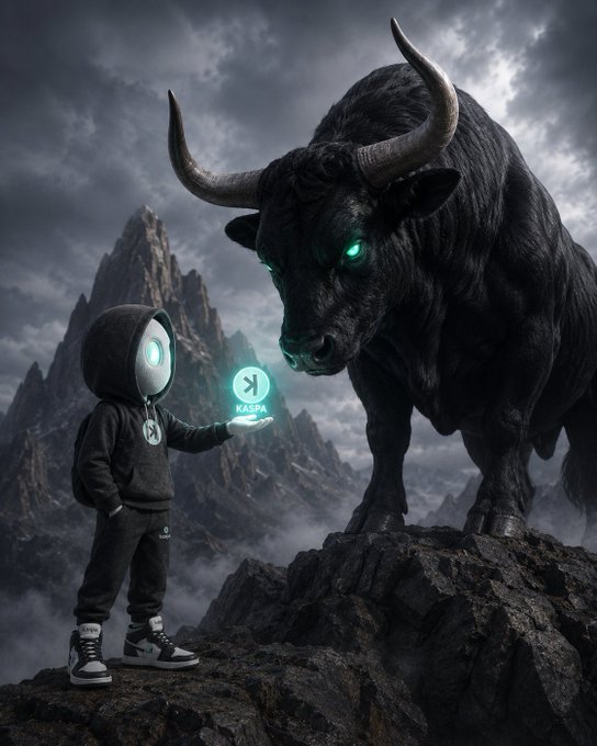 A hooded figure holds up a glowing "KASPA" token before a massive black bull with eerie green eyes on a stormy mountain peak—symbolic of bullish momentum, aligning with the post's prediction of $ANSEM soaring to a $500M milestone.