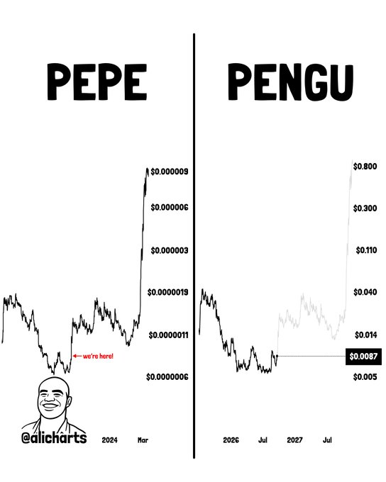 A chart comparing 'PEPE' and 'PENGU' cryptocurrency prices, showing PEPE with an early spike and a note 'we're here!' near the bottom, while PENGU shows a projected massive rise to $0.800 by 2027, credited to @alicharts.
