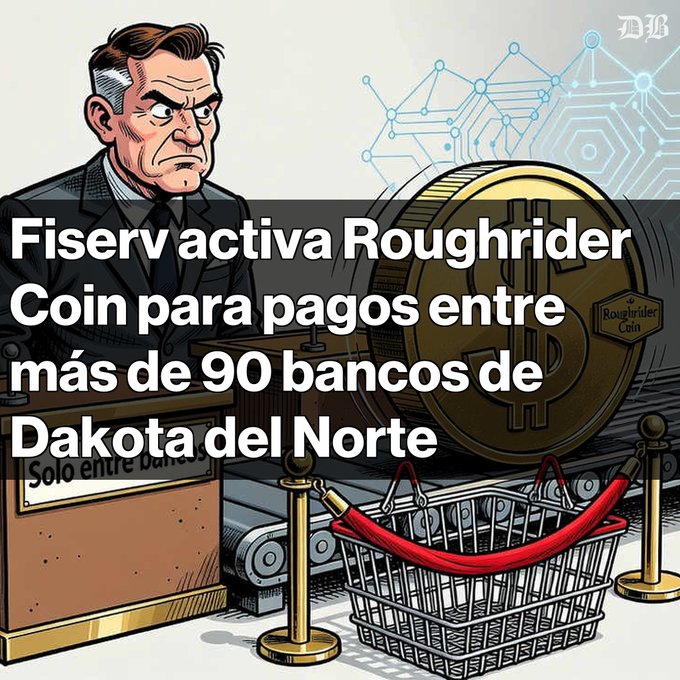 A Spanish-language illustration from Diario Bitcoin showing a stern-faced man at a podium, with a large gold 'Roughrider Coin' on a conveyor belt and a shopping cart, headlined 'Fiserv activa Roughrider Coin para pagos entre más de 90 bancos de Dakota del Norte'.