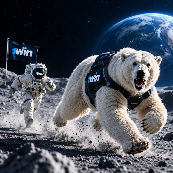 An AI-generated image of an astronaut and a polar bear wearing "1win" branded gear, running on a lunar surface with Earth in the background.