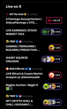 A 'Live on X' feed showing trending crypto posts including 'A Flamingo Among Hunters', 'LIVE EARNINGS | STOCK MARKET TALK', 'TRIP', 'SHORT SQUEEZE ONCHAIN', 'WOLF Bitcoin', 'Riggles Auction', and 'NFT CRYPTO SKILL & CHILL GIVEAWAY' with various view counts.
