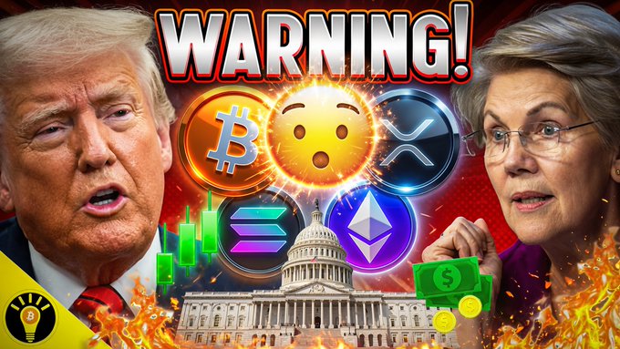 This image features Donald Trump and Elizabeth Warren alongside various cryptocurrency logos like Bitcoin, Ethereum, and Ripple, with the Capitol building in the background. The imagery, including "WARNING!" text and a surprised emoji, visually represents the clash between political figures and the volatile world of crypto, as echoed in the accompanying post about the Clarity Act and Hyundai's crypto adoption.