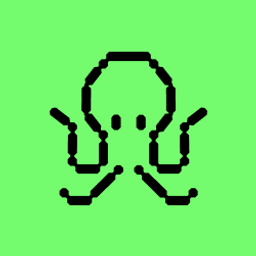 A pixel art image on a green background depicting a stylized character with horns or tentacles below a large head.