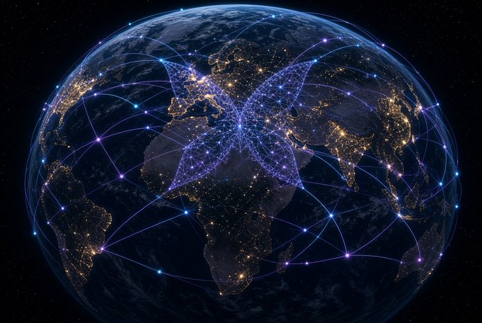 A digital artwork of Earth viewed from space at night showing city lights across continents, overlaid with an interconnected network of glowing purple and blue lines and nodes forming a complex web of global connections.