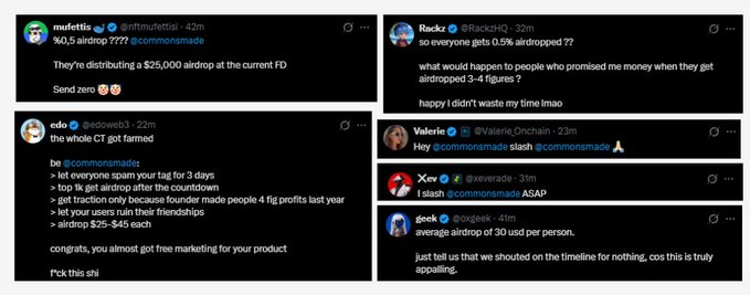 Collection of social media posts (Twitter/X) reacting to a '0.5 airdrop' distributed by @commonsmade, with users expressing frustration over the low payout ($25,000 total FD).
