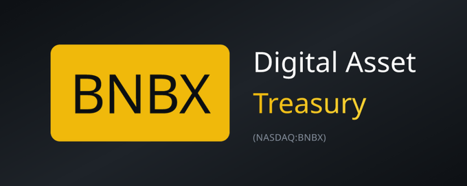 The image displays the BNBX logo (yellow rounded rectangle with "BNBX" in black) alongside the text "Digital Asset Treasury" and the listing "(NASDAQ:BNBX)" on a dark background. This branding graphic accompanies BNB Plus's announcement of its strategic pivot from a BNB treasury company toward blockchain and AI infrastructure operations.