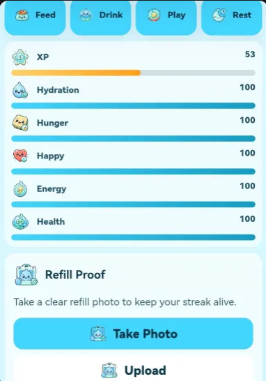 A screenshot of the Bubbles2Earn app shows a virtual pet dashboard with stats (XP 53, Hydration/Hunger/Happy/Energy/Health all at 100) and a "Refill Proof" section prompting users to "Take Photo" or "Upload" to maintain their streak, illustrating the gamified, social experience promoted in the post.