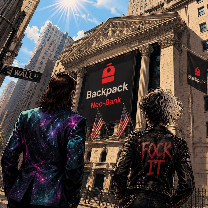 Two people stand before the New York Stock Exchange on Wall Street, gazing up at a large "Backpack Neo-Bank" banner flanked by American flags, while the figure on the right sports a leather jacket emblazoned with "FOCK IT" — visually echoing the post's defiant "Fock it" sentiment paired with bullish confidence ("Backpack ON TOP").