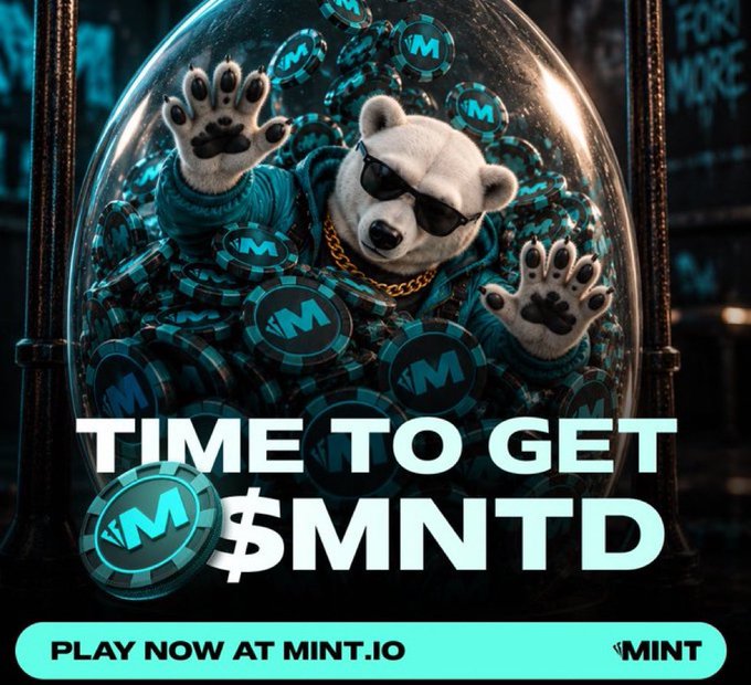A promotional graphic for the cryptocurrency token $MNTD featuring a white bear in sunglasses surrounded by M-branded chips, with text reading 'TIME TO GET $MNTD' and 'PLAY NOW AT MINT.IO'.