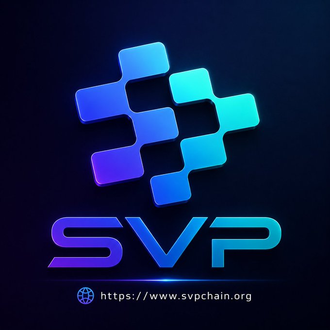 Promotional logo for SVP cryptocurrency, featuring a stylized blockchain icon and the URL 'https://www.svpchain.org'.